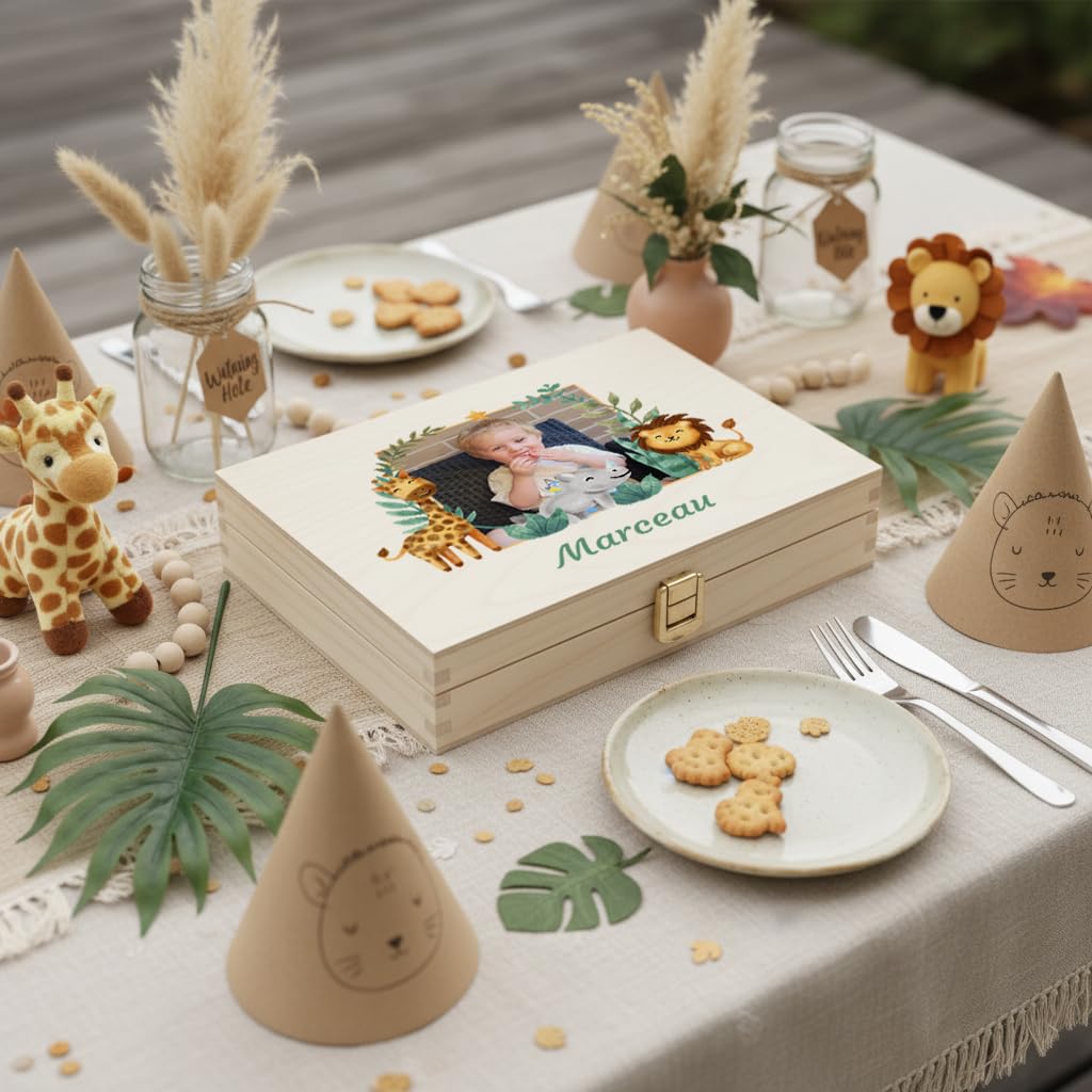 Coffret Couverts Enfant Personnalisés Safari avec Photo Imprimée UV - Set 4 Couverts Gravés Acier Inoxydable - Cadeau Naissance Baptême