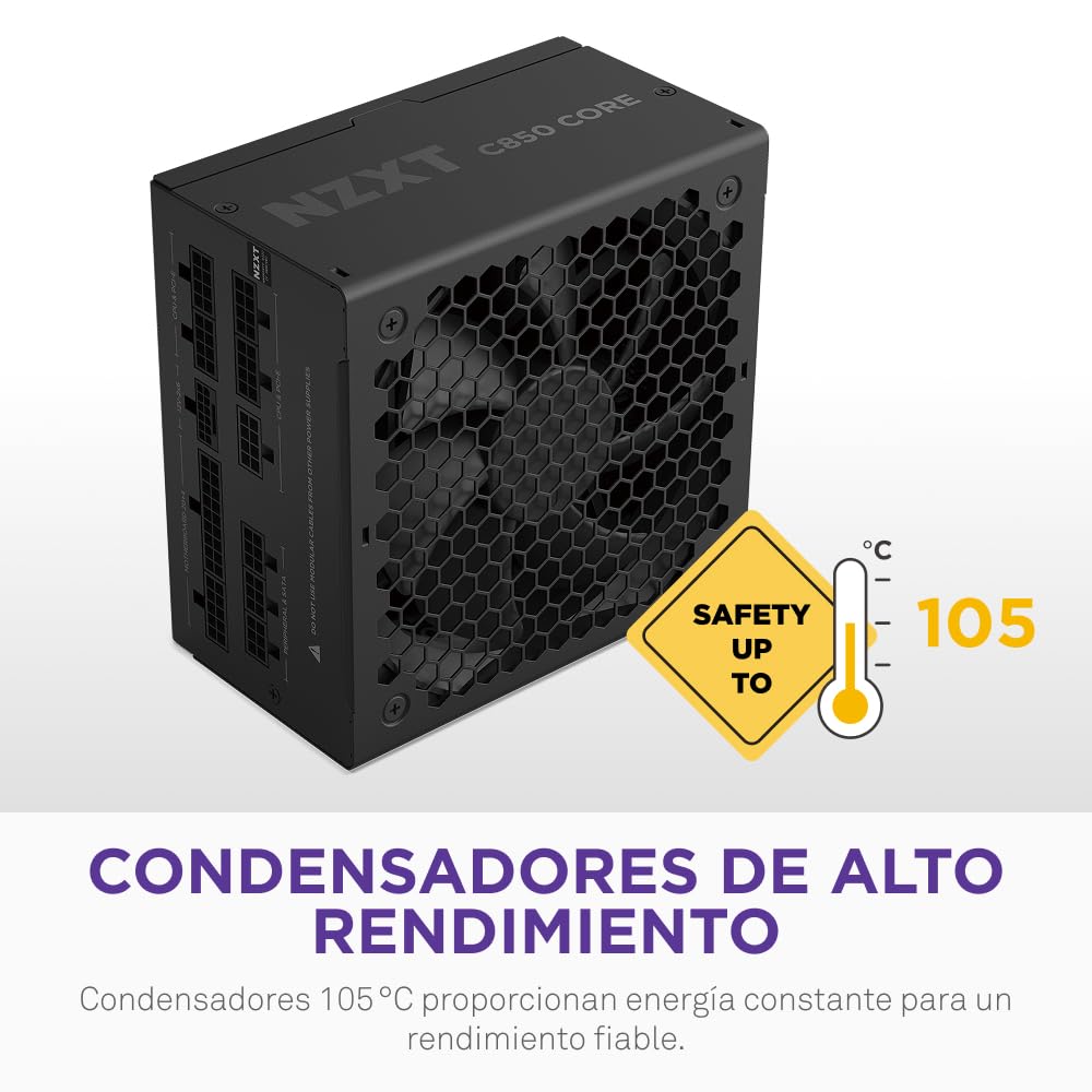 NZXT C850 Gold Core – Fuente ATX 3.1 850W – 80 Plus Gold – Cybenetics Platinum – Totalmente Modular – PCIe 5.1 600W 12V-2x6 – Ventilador 0 RPM – Condensadores 105 °C – Negro