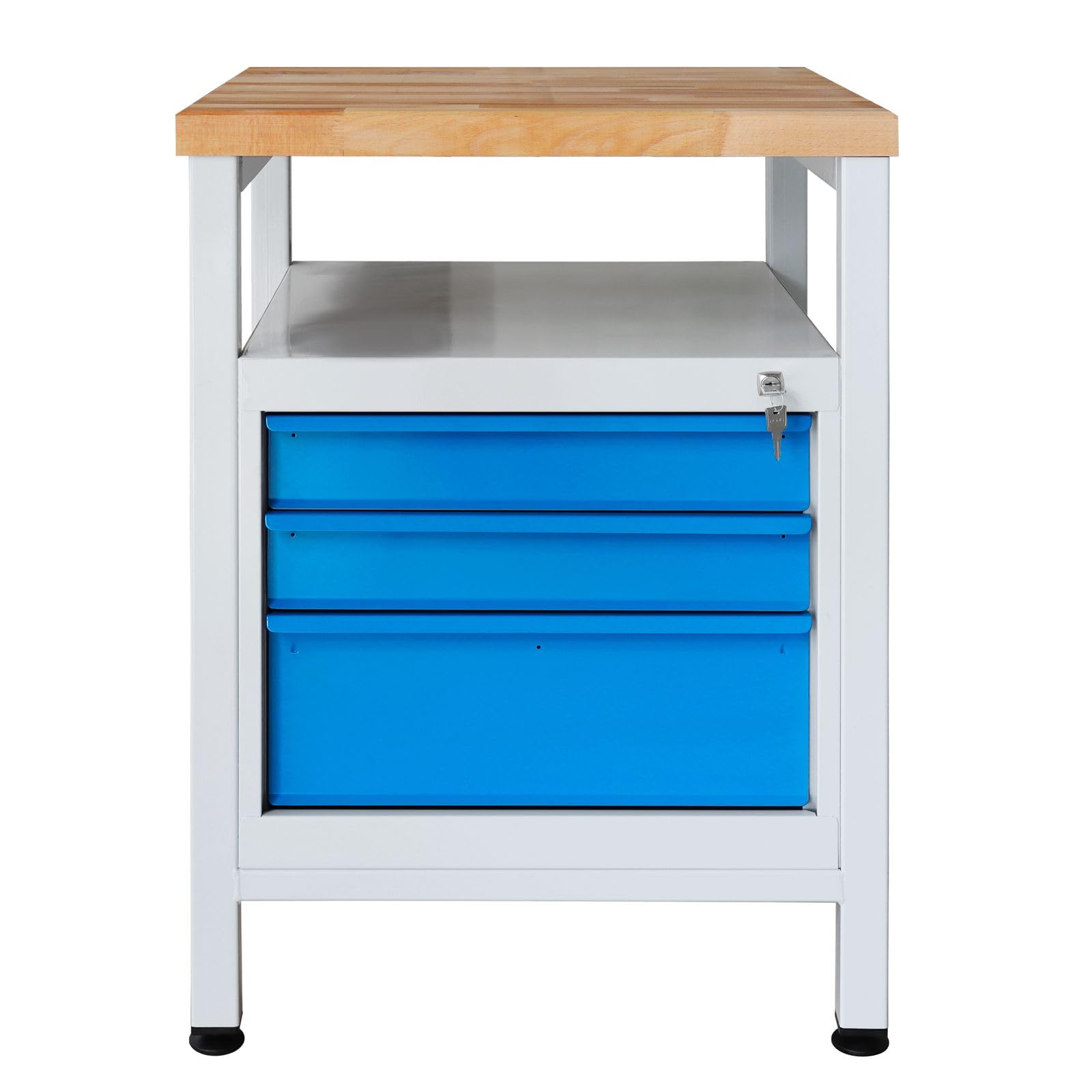 ADB Werkbank/Werktisch, 600x600x840 mm, mit 3 Schubladen, RAL 7035/5012, mit Stabiler Arbeitsplatte Buche massiv riegelartig verleimt, geölt, 30 mm