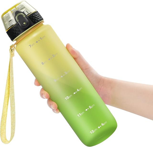 OLDLEY 1L/32oz Sports Water Bottle with Straw, 1000ml Motivational Water Bottle Drinks Bottle with Time Markings Leak Proof Drink & Lock Cover, BPA Free for Kids Boys Girls Adults Gym School