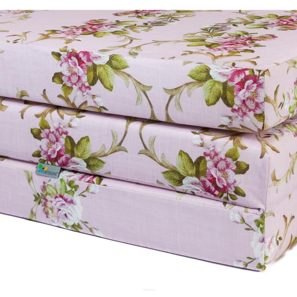 FORTISLINE Matelas pliable de voyage XL - Motif roses et fleurs - 195 x 120 x 8 cm - Avec sac cadeau - Matelas pliant pour invités - Certifié Oeko-Tex - Housse amovible - Mousse