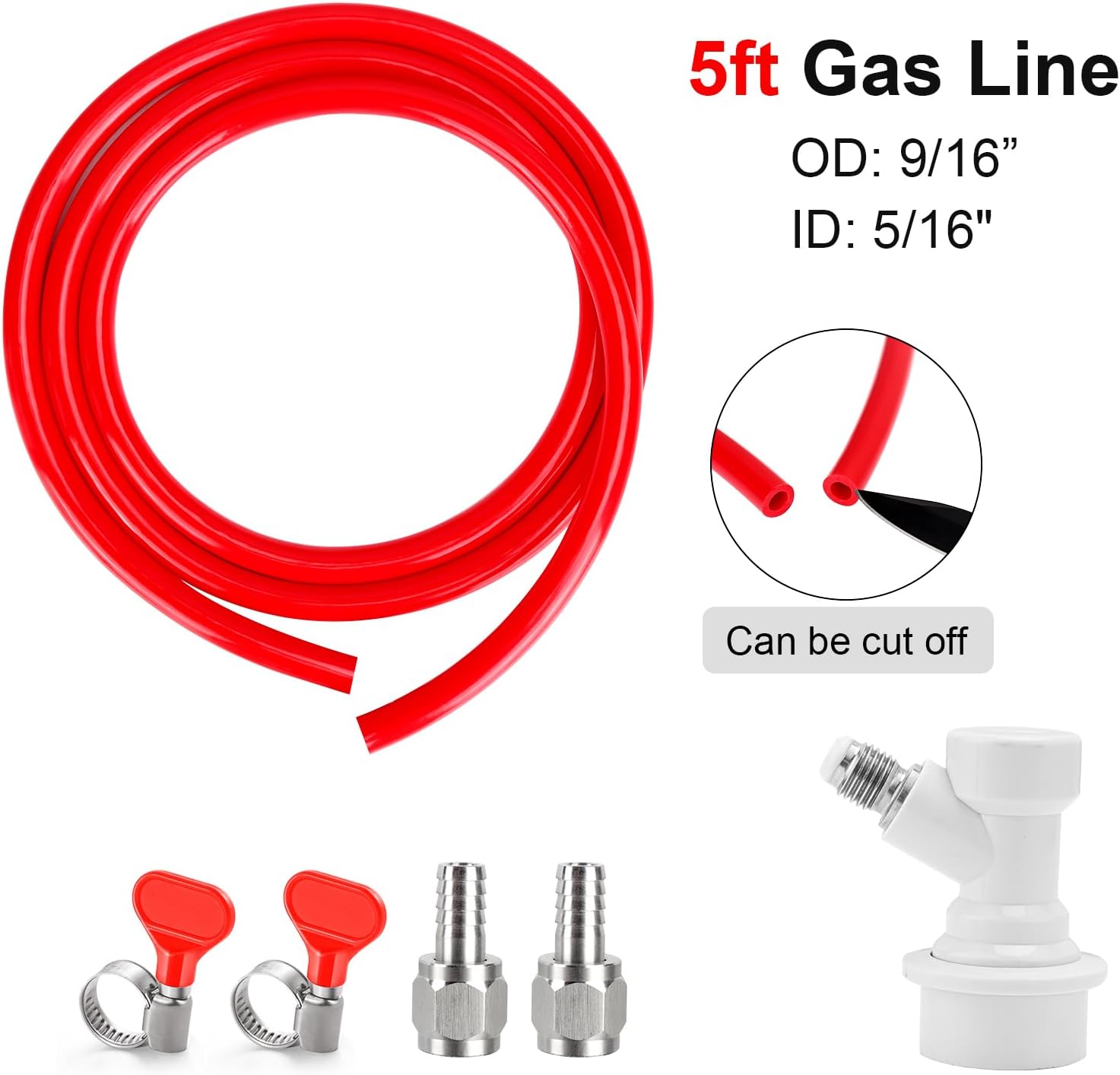 MRbrew 5 FT CO2 Line Ball Lock Keg Fitting Kit, 5/16" OD PVC Brewing Line with Quick Disconnect & Hose Clamp, Barb for Homebrew Corny Keg Carbonation Draft Beer Tap System