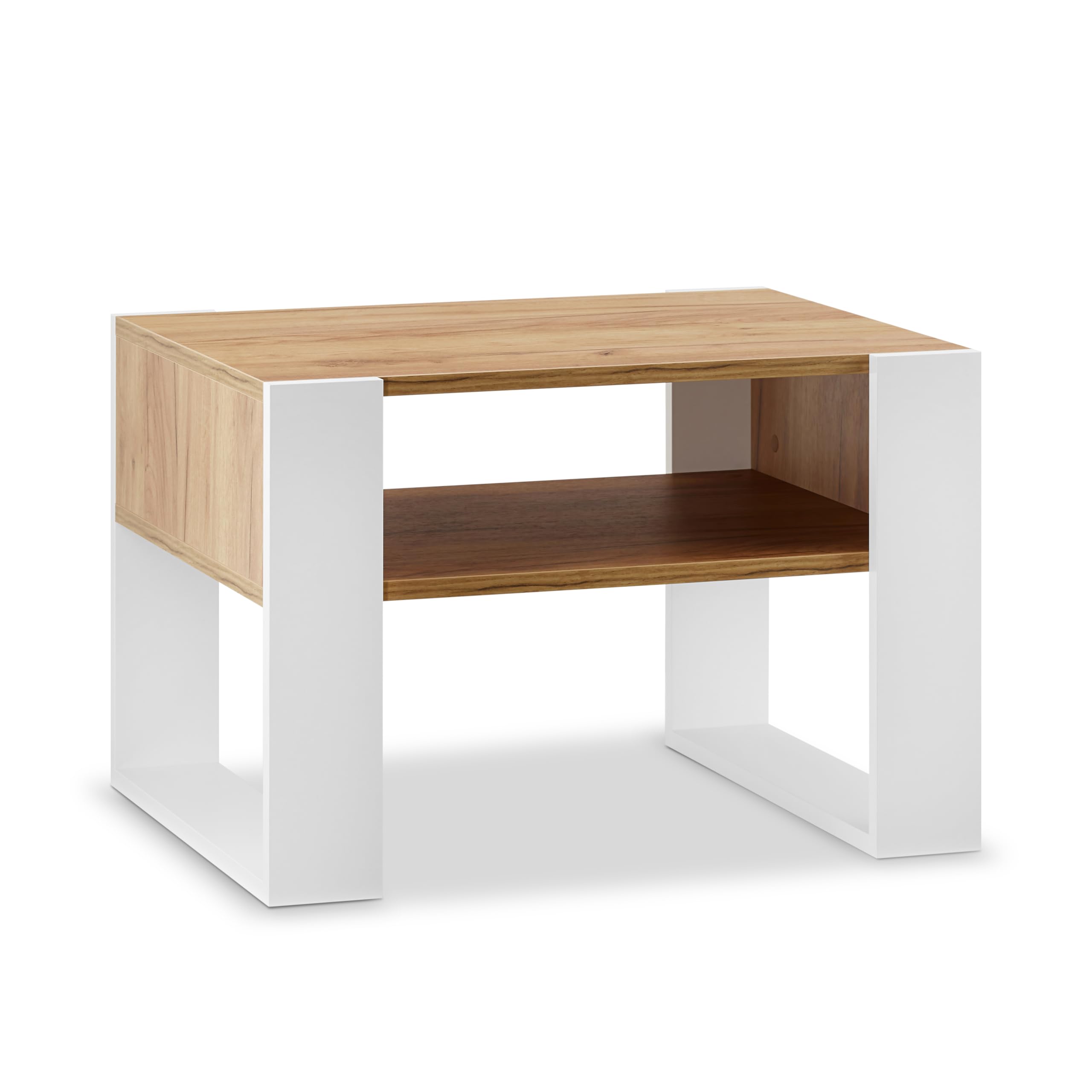 defiPad Mesa de centro moderna, roble, 65 cm de ancho, mesa de café maciza y estable, mesa de sofá, color blanco + roble