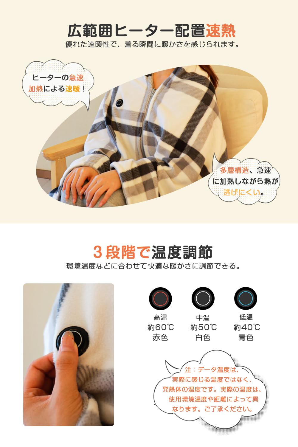 電気毛布 ひざ掛け USB電気ブランケット 3段階温度調節 160×65cm - 3