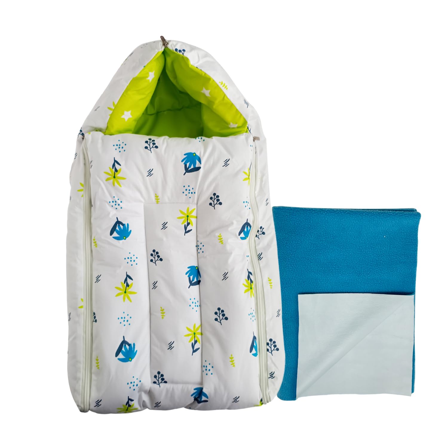 Kridlo 3-in-1 Baby Sleeping Bag & Waterproof Cot Sheet Set | Hypoallergenic, Soft & Lightweight Bedding for Newborns | Quick-Dry Extra Absorbent Mattress | Pack of 2 (Blue Daisy with Blue Dry Mat)