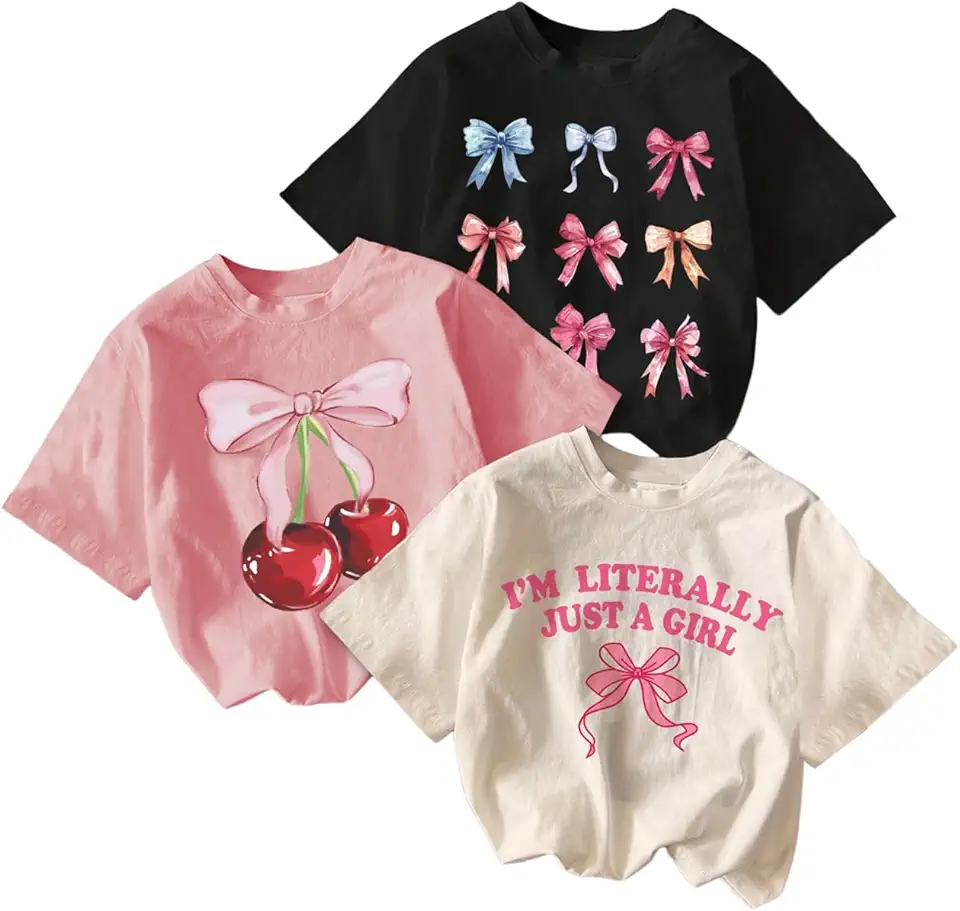 RoseSeek Girl's Bow Cherry Graphic Tees Short Sleeve Crewneck Cute T Shirts Tops for Teens Summer Tops