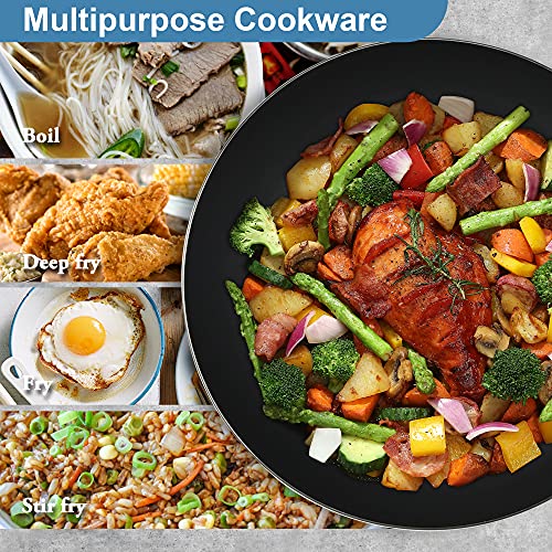 Hyoank Wok Pan, 12.6'' Flat Bottom Woks, Woks And Stir Fry Pans With Lid, Carbon Steel Wok Suits For All Stoves #TOP3