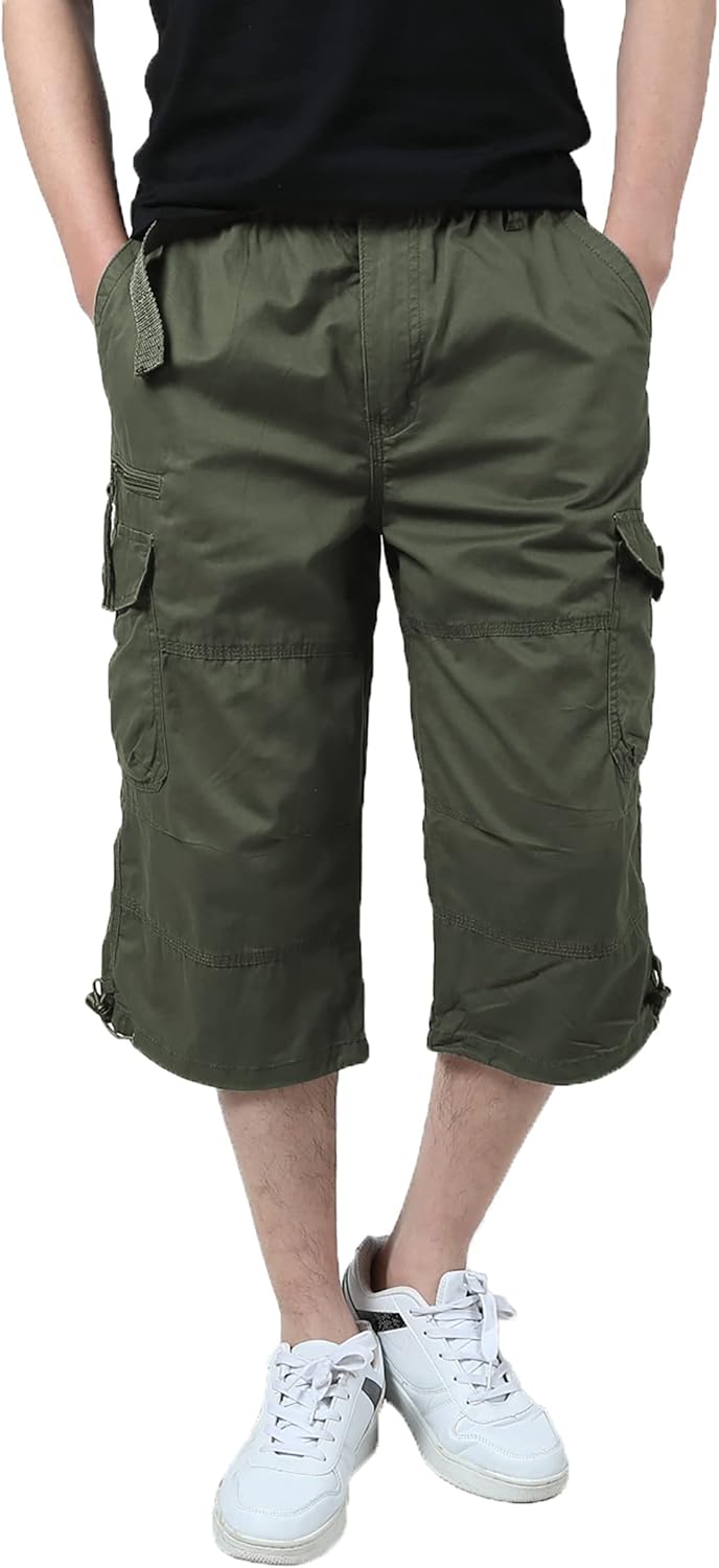 Mens 3/4 Long Cargo Shorts Loose Fit Elastic Work Capri Shorts Below Knee Casual with 7 Pockets - Image 2