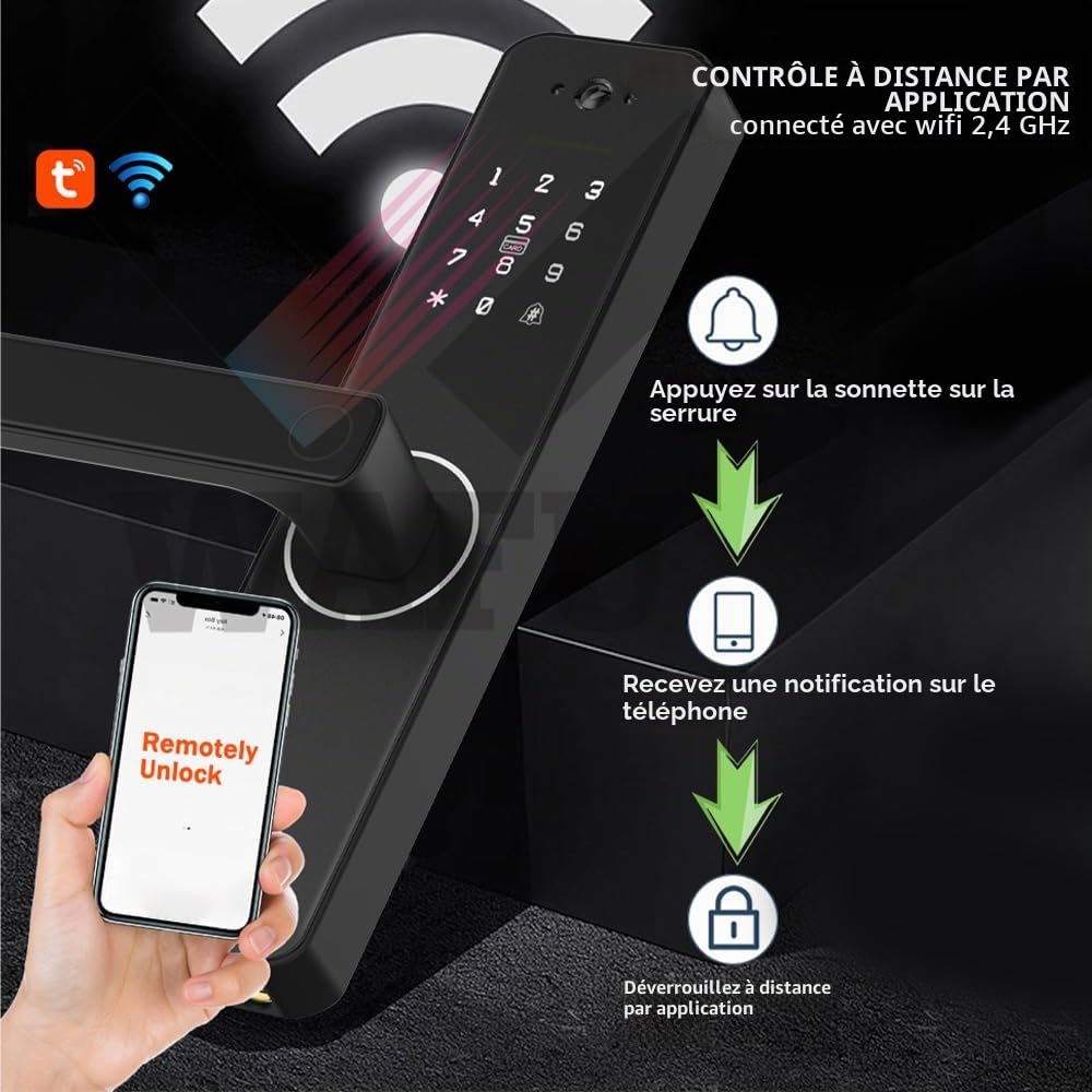 Serrure Intelligente avec Caméra Grand Angle de 120° et Sonnette Intelligente, Serrure de Porte avec Empreinte Digitale, Contrôle à Distance par App, Serrure de Sécurité Wifi pour Portes de