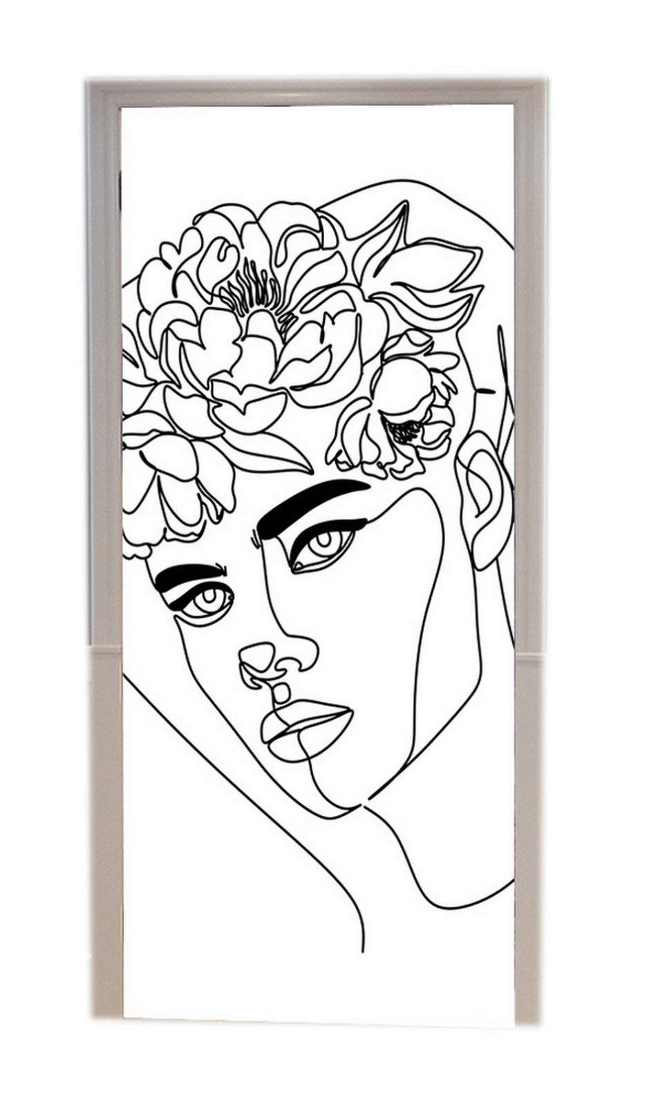 Sticker Porte 3D - Visage Femme Fleuri | Art Abstrait | Autocollant Vinyle 77x200 Cm | Déco Murale Moderne