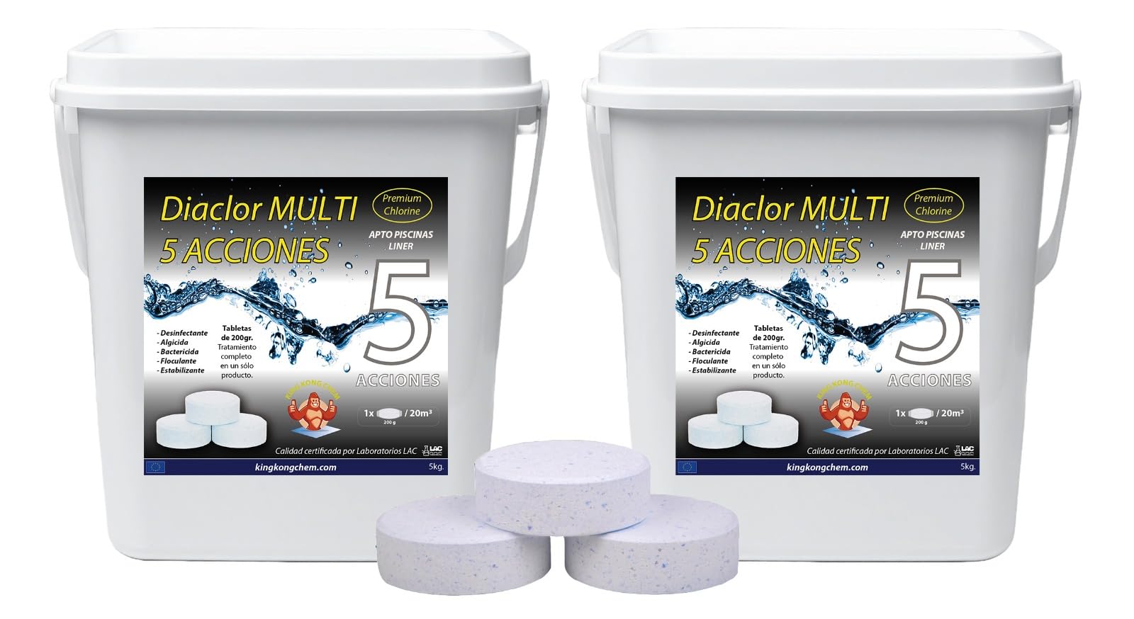 DIACLOR Multi 5 ACCIONES 200gr 2x5kg - Pastillas de Cloro para Piscinas envasadas Individualmente - Tratamiento Completo 5 Efectos - SIN Cobre - (Multifunción 5 acciones, 10 Kilos)