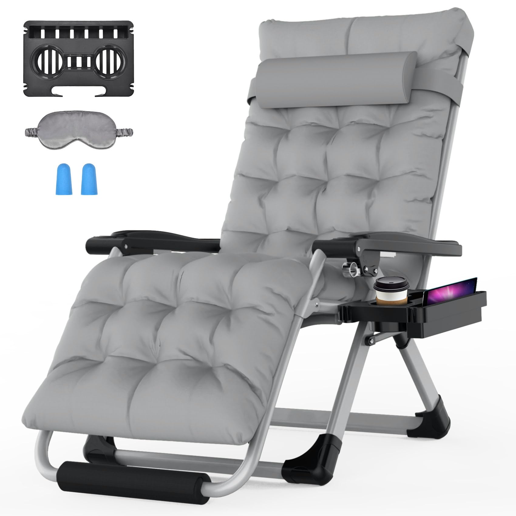 Suteck Zero Gravity Chair 26In L Reclining Camping Chair w/Removable Cushion, Outdoor Lounge Chairs Patio Recliner with Large Cup Holder, Footrest, and Padded Headrest, Support 500LBS, Grey