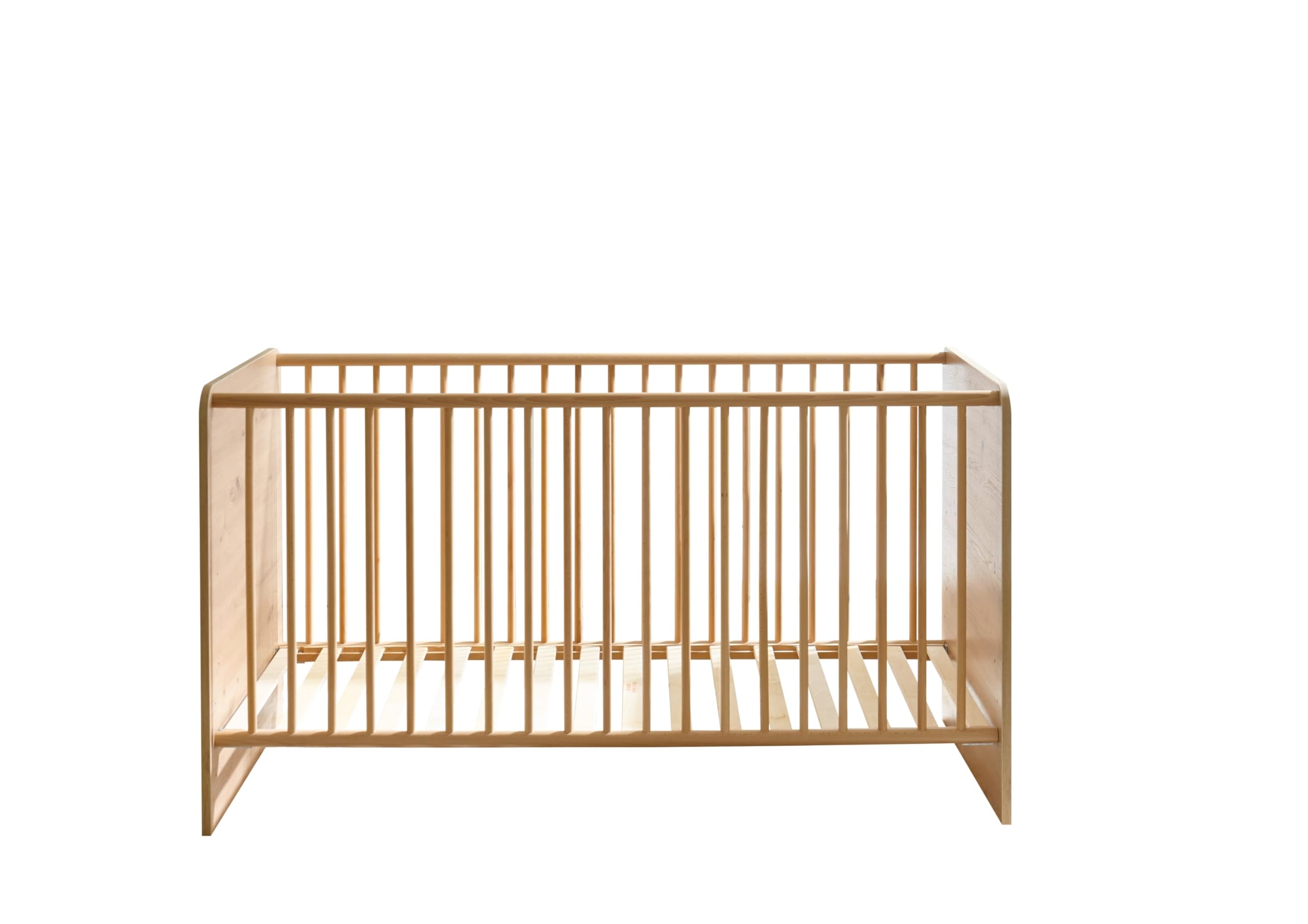 Babybett >Birta< Artisan Eiche Dekor / Salbei, Liegefläche 140x70 cm, 3 Schlupfsprossen, Liegehöhe verstellbar – 78x90x143 cm (B/H/T), robust & pflegeleicht, Dekorfolie, zerlegt, ohne Matratze