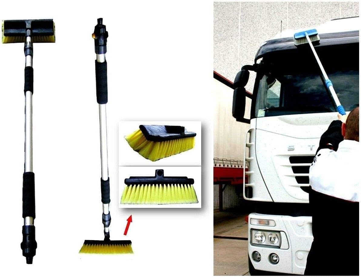 TOP DRIVE IDROSPAZZOLA SPAZZOLONE Lavaggio Pulizia E Cura Camper Camion Auto SUV. TELESCOPICO, ANTIGRAFFI Asta con Tubo AD INNESTO RAPIDO MANICO1.20 ALLUNGHABILE 2,30 Spazzola 27X15 CM (Completo)