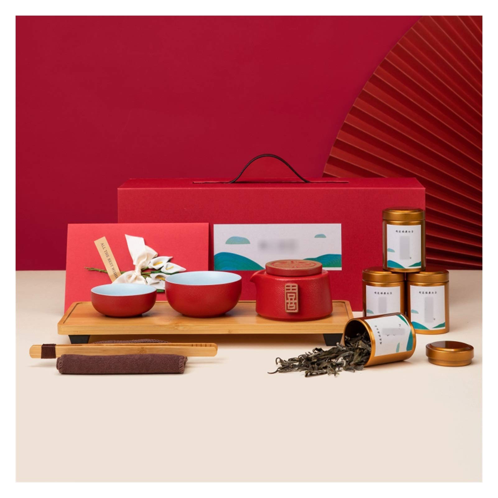 Tea Sets for Adults Czerwony szkliwione ceramiczne zestawy herbaty, w tym herbata herbata filiżanki bambusa taca herbata ręcznik luźny liść herbata próbnik pakiet prezent filtrowanie herbaty maker chi