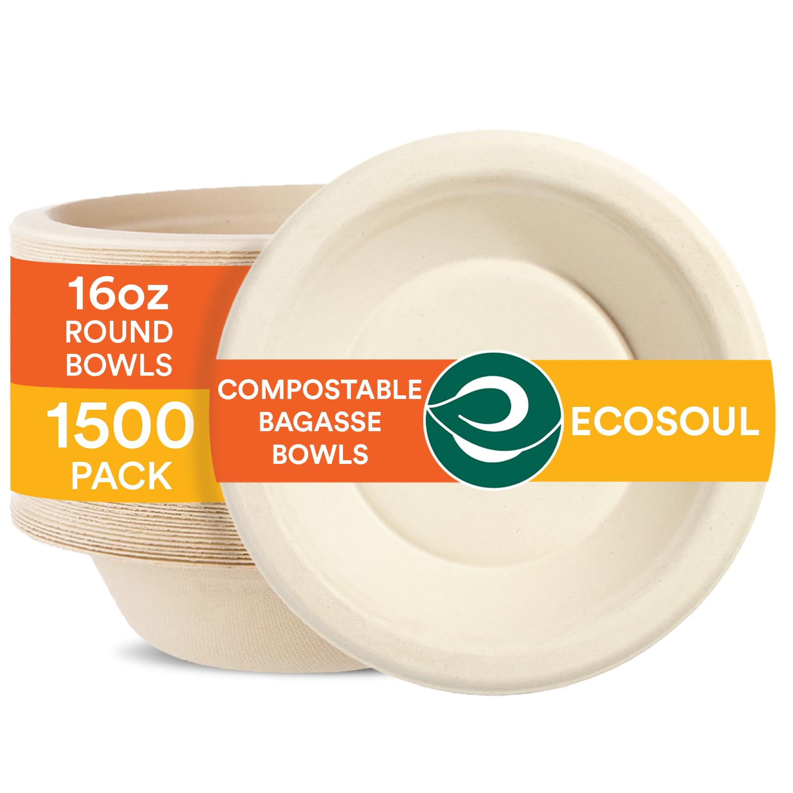 ECO SOUL100% Compostable 16 Oz Soup Bowls [1500-Pack] Disposable dessert bowls I Heavy duty paper bowl I Eco-friendly salad bowl I Biodegradable large Bowls