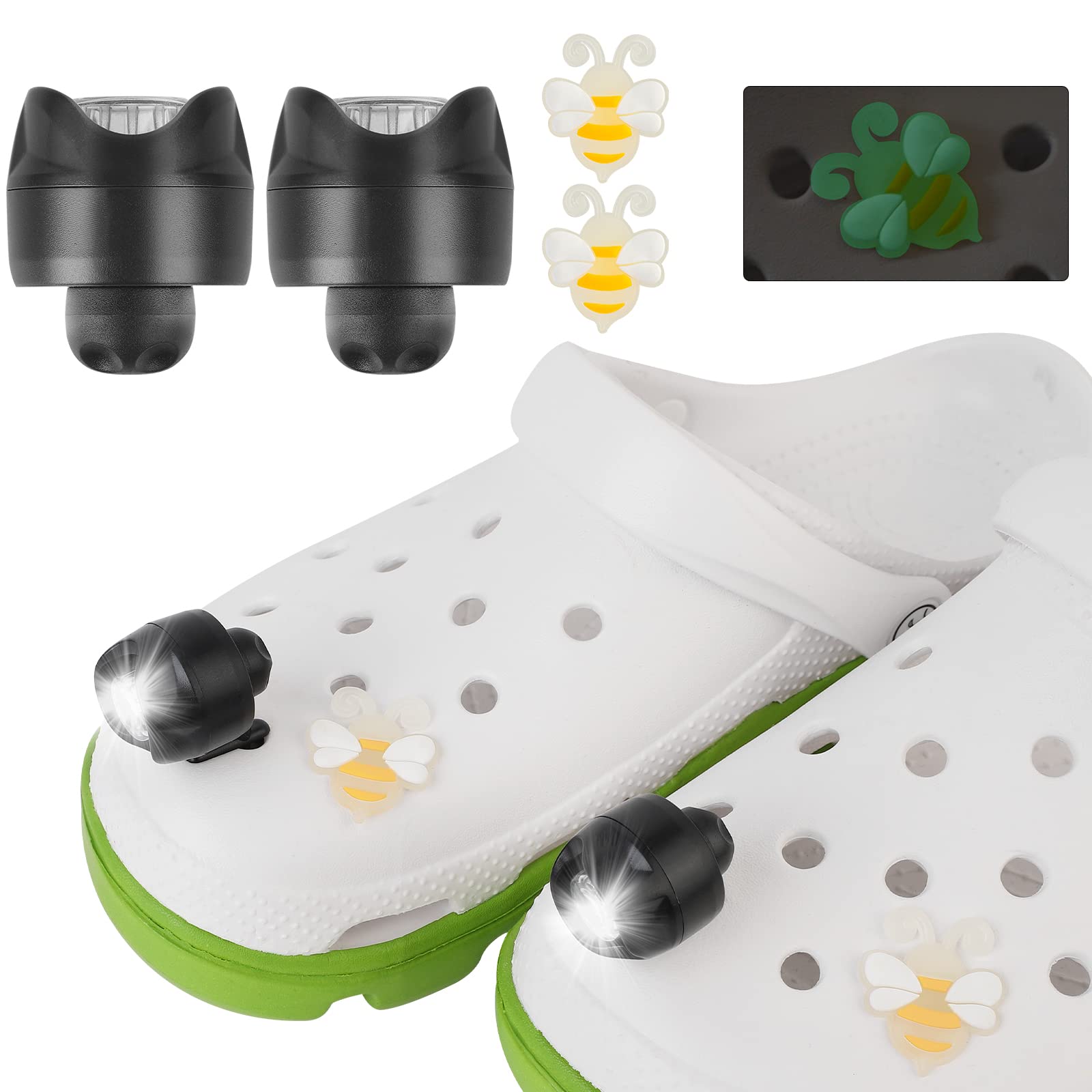 SUPERNIGHT Headlights for Croc, 2Pcs Croc Lights for Shoes and 2Pcs Luminous Shoe Charms Decoration for Dog Walking, Handy Camping, Home Life, IPX5 Waterproof, Ultra Bright and Long Lasting (Black)