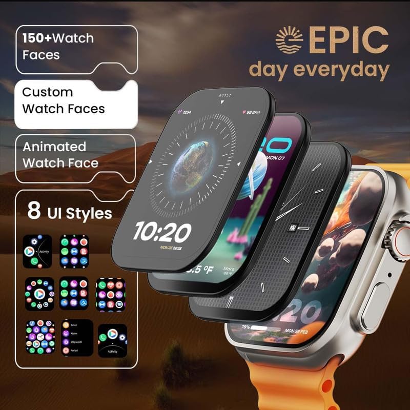 Multiple smartwatch displays showing various watch faces and UI styles, indicating 150+ watch faces and 8 UI styles.