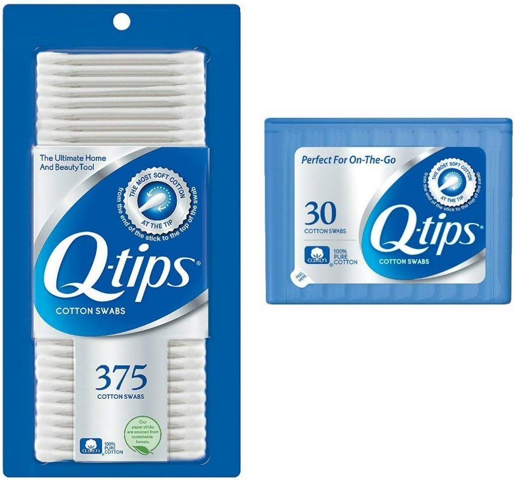Q-Tips Cotton Swabs 375 Count + Travel-Size 30 Count - Original Cotton Swabs with Soft Cotton Tips, Makeup Tools, Beauty Tools & Personal Care (2 Piece Set)