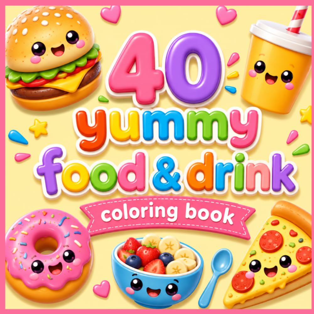 40 Yummy Foods & Drinks Coloring Book: Screen-Free Educational Coloring Book for Kids Ages 3-7 | Big and Easy Pages with Fun Words, Snacks, and Drinks