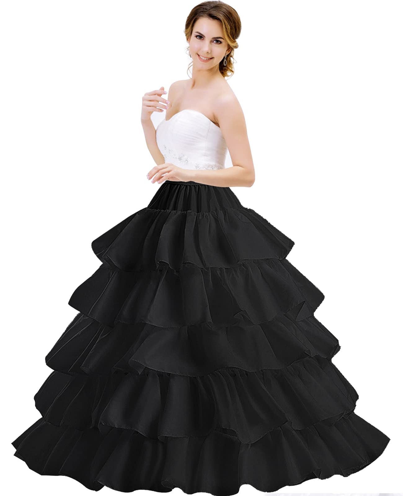 Mojonnie Petticoats for Women 4 Hoop Crinoline Petticoat for Wedding Dress, 5 Ruffles Layers Ball Gown Half Slips Underskirt Black