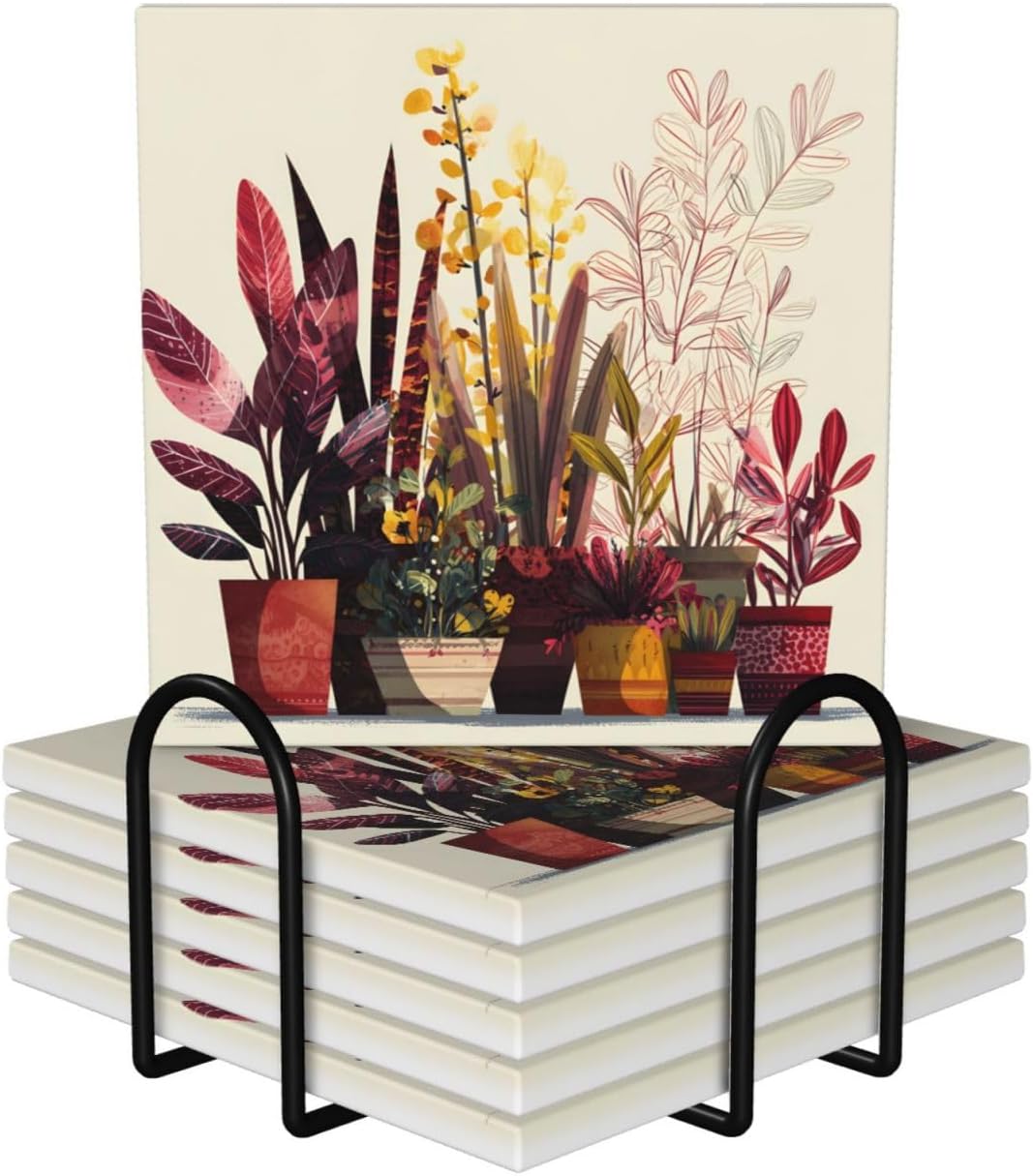 (Beautiful Plants) Ceramic Coasters Set of 6 with Holder Non-Slip Square Coffee Coasters for for Cup Mug Drink Patio Coffee Table Decor, Christmas Coasters Home Bar Supplies