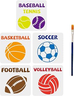 MAYJOYDIY 5pcs Sports Ball Stencils 11.8×11.8inch Sports Stencils Baseball Tennis Basketball Soccer Football Volleyball Reusable Template with Paint Brush DIY Decor Wood Signs Walls Bags