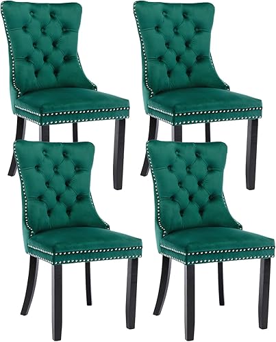 Juego de 4 sillas de comedor de terciopelo verde, sillas de comedor tapizadas con anillo trasero y patas de madera maciza, sillas de cocina con