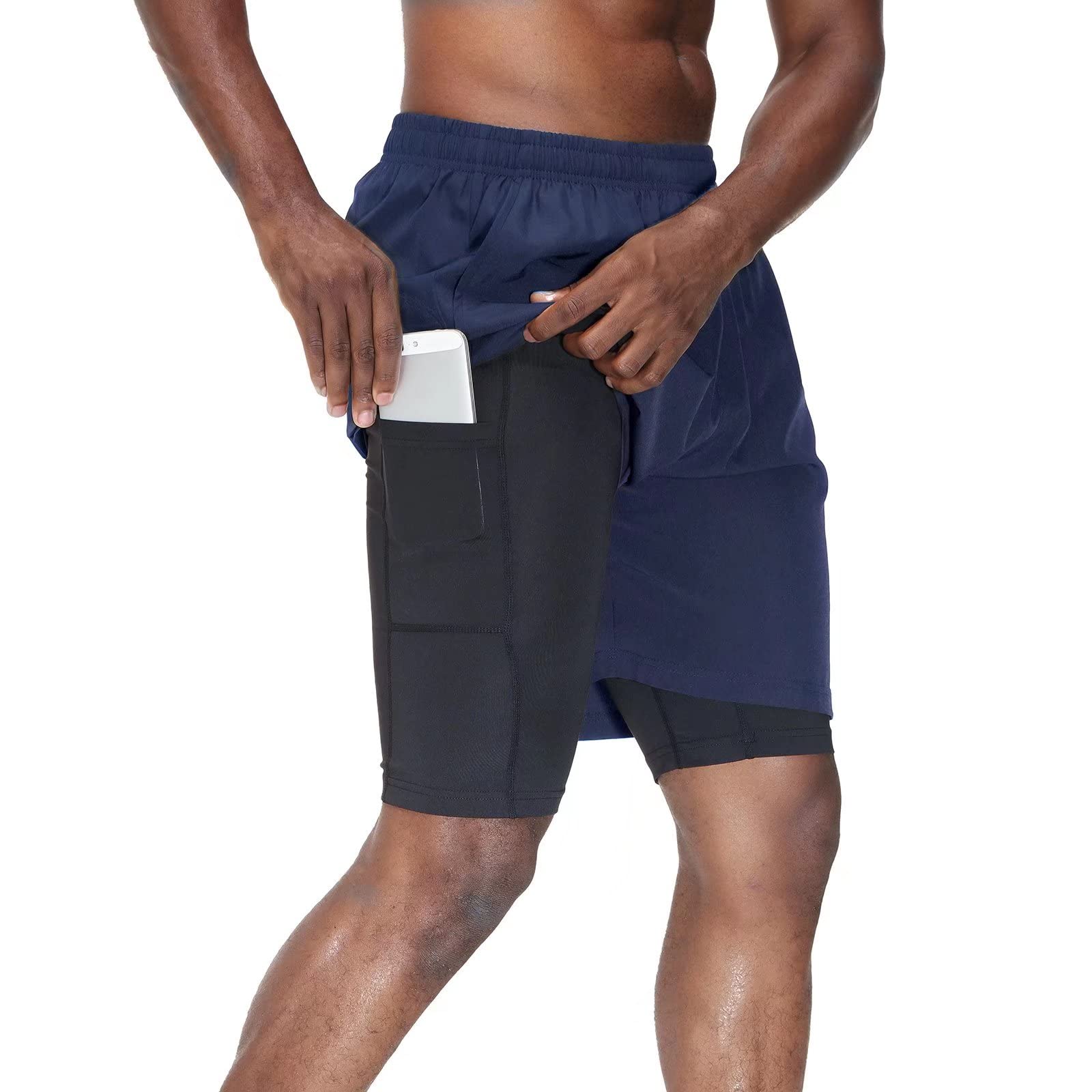 HMIYA Herren 2 in 1 Shorts Fitness Sporthose Kurz Jogginghose Schnelltrocknende Laufhose mit Kompressionsshorts und Taschen Reißverschlussfach
