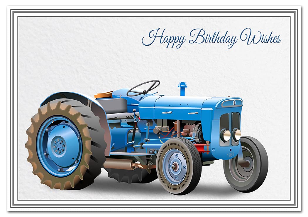 Happy Birthday Card Wishes for Men - Cool Art - Tractor 1960s Farm Farming - Traditional Male Greeting for him - Blank inside for own message - A5 Medium size - Self-Seal env - UK Eco-Friendly — image 1