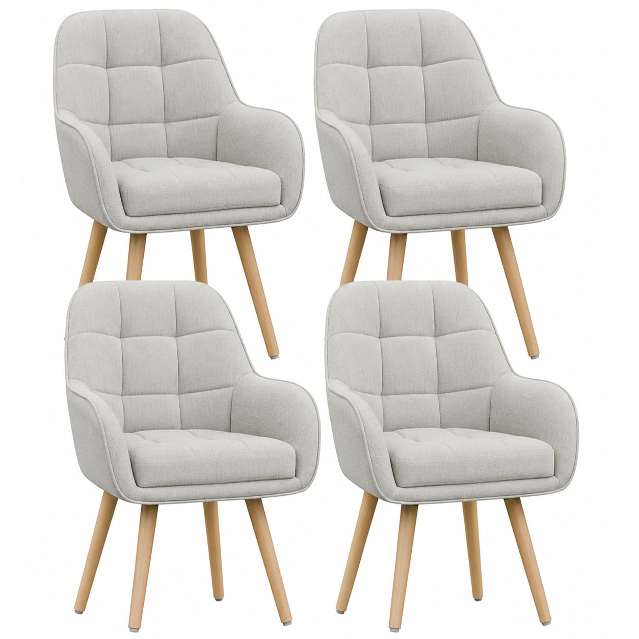 ELUCHANG Silla de Comedor Pack 4, 10cm Grosor Sillones con Reposabrazos Altos, Base Metálica & Patas Madera, Carga Máx.150KG, Beige Tela Natural Silla para Cocina, Salón, Dormitorio