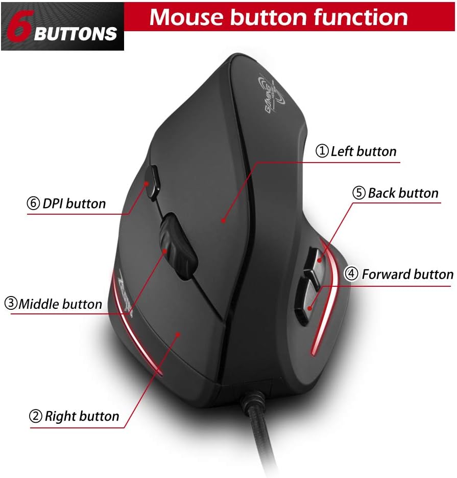 Diagram showing the 6 buttons on the Zelotes T20 mouse: Left, Right, Middle, Forward, Back, and DPI button