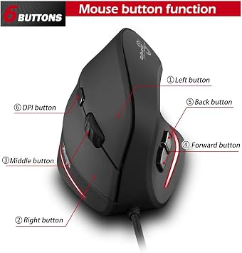 zelotes Vertical Ergonomic Mouse,3200DPI,6 Buttons,LED Illumination,Prevention Against Mouse Arm,USB Optical Wired Mice for Laptop,PC,Mac,Black