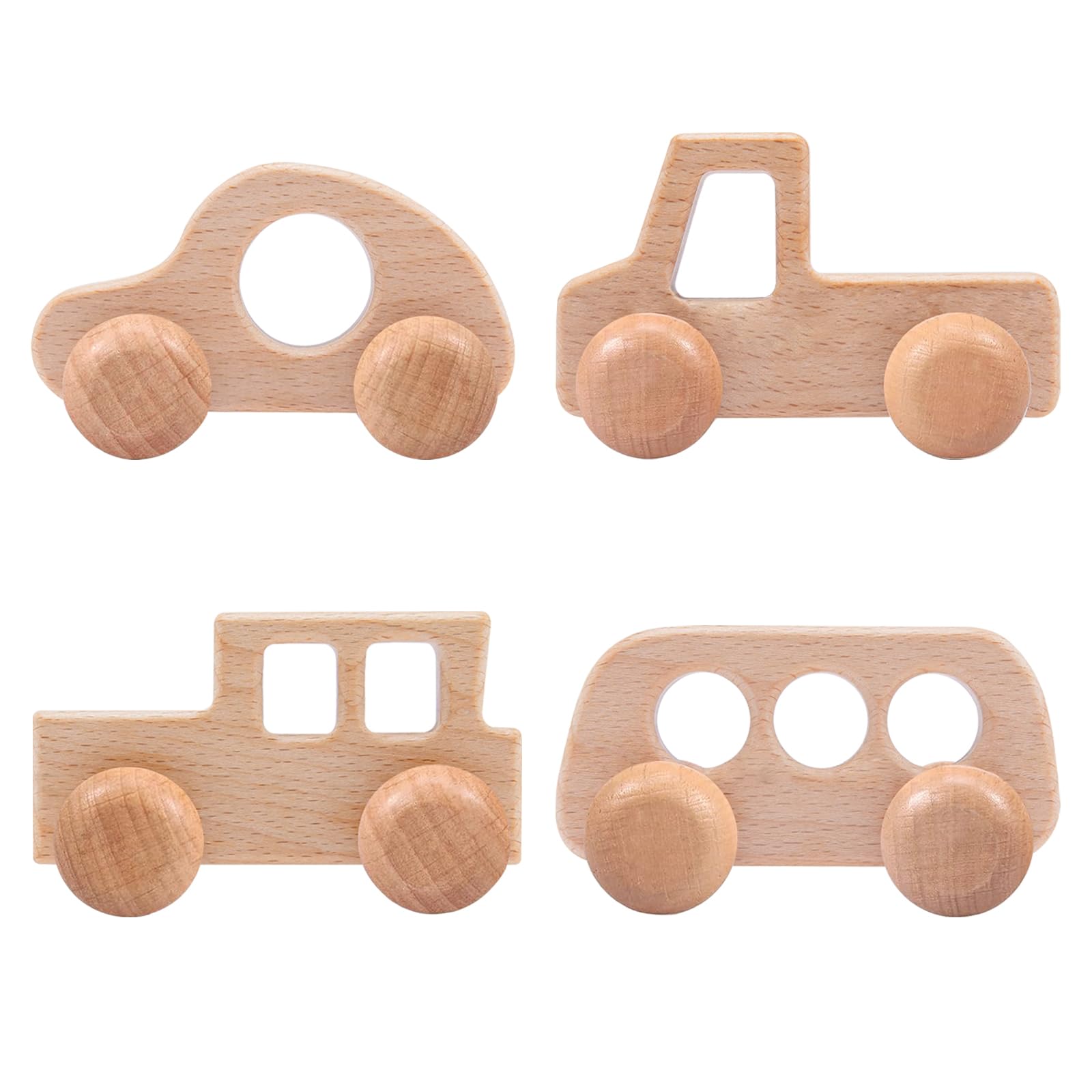 Yeqqzq 4 Pcs Wooden Toy Cars, Natural Beech Wood Baby Push Cars, Baby Kids Montessori Toys for Boys Girls Toddlers