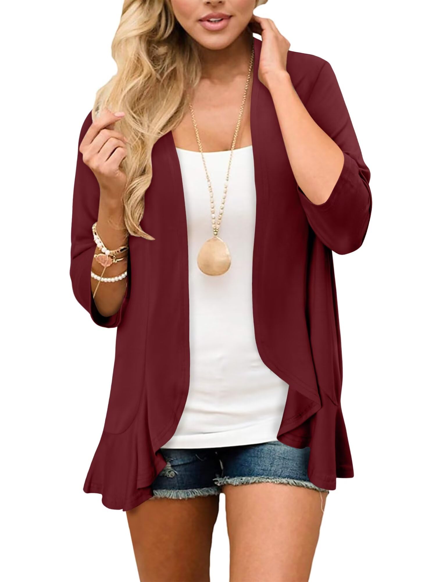 - Womens Casual Open Front Cardigans Lightweight Soft Draped Ruffles 3/4 Sleeve Cardigan