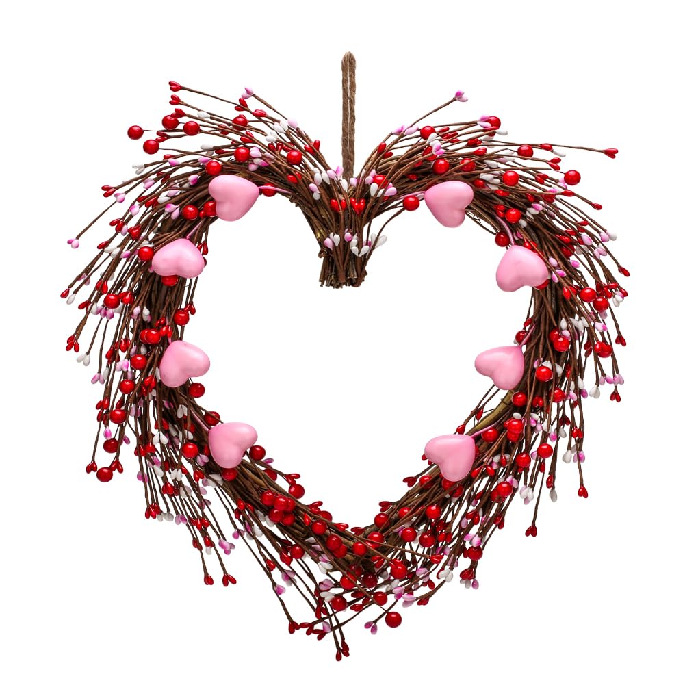 Valentines Wreaths for Front Door, 15in Valentines Day Wreath with Red Berries, Red Heart Wreaths Handmade Rustic Twig Wreath with Grapevine for Gifts