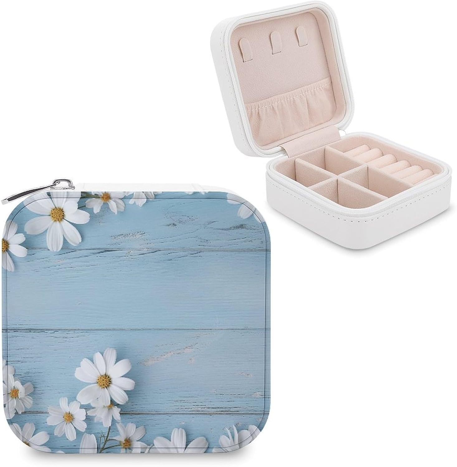White Flowers Light Blue Wood Jewelry Box for Women Portable PU Leather Mini Jewelry Travel Case Multiple Compartments Jewelry Organizer Large Capacity Jewelry Tray for Necklace Ring