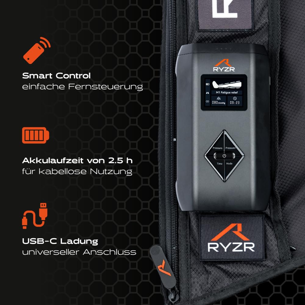 RYZR Airboots (XL) Kabellose Recovery & Kompressions Boots für Beine & Oberschenkel aus dem Profisport– 5-Kammer-System bis 180 mmHg, 5 Modis, Durchblutung, Lymphdrainage & Muskelregeneration