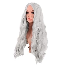 MapofBeauty 28 Inch/70 cm Long Wavy Middle Part with No Bangs Synthetic Fiber Curly Fashion Women Party Cosplay Wig (Silver)