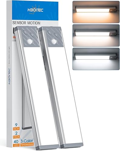 HIBOITEC Iluminación para debajo del gabinete, 40 luces LED recargables para armario, funciona con pilas, luces regulables con sensor de movimiento