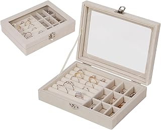 Yukaiwn Jewellery Boxes with Glass Lid, 9 Grid Jewellery Storage for Women, Travel, Lockable Case for Earrings, Bracelets