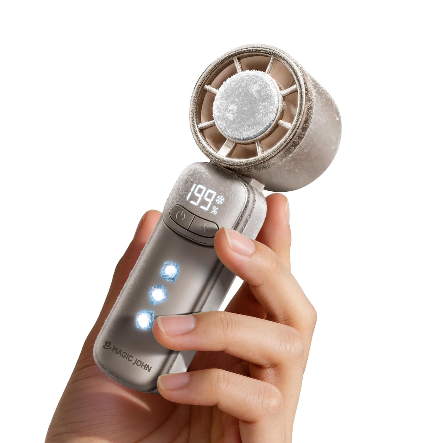 MAGIC JOHN Mini Handventilator mit Kühlung | 199 Lüfterstufen, bis zu 11h Laufzeit, USB-C Akku aufladbar, nur 139g, Camping & Reise zubehör
