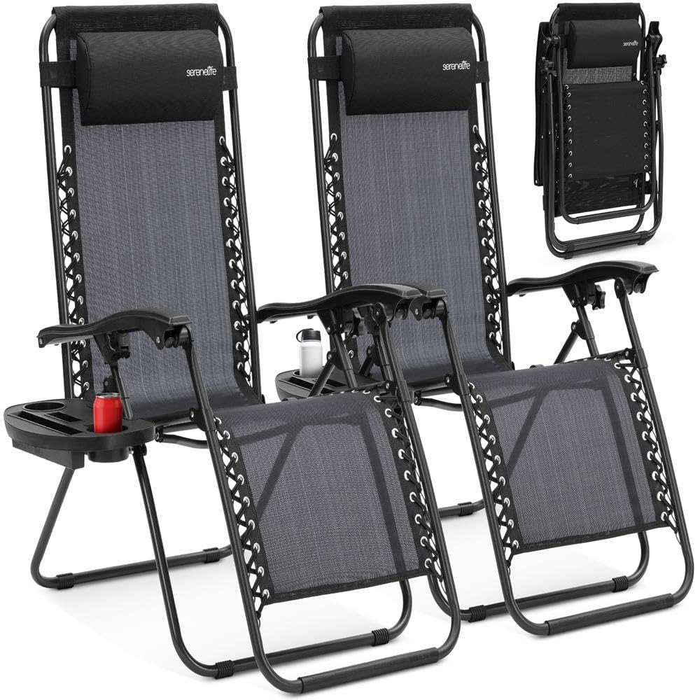 SereneLife Zero Gravity Lounge Chair, Adjustable Steel Mesh Recliners, with Removable Pillows and Cup Holder Trays, Side Tables, Set of 2, Black