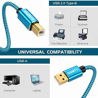 6ft USB Printer Cable, Nylon Braided USB 2.0 Type A to B Male Cord with Gold-Plated Connectors, High Speed Data Transfer Scanner Wire for HP, Canon, Epson, Brother, Midi Keyboard & DAC (Blue)
