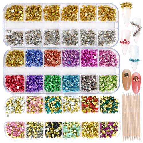 3 Boxes 2160 Pcs Metal Rivet Cone Spikes Rhinestones Nail Charms 10 Pcs 4.5 Inch Orange Sticks for Nails Accessories Alloy Studs Crystal Rhinestone Nail Studs for DIY Decor