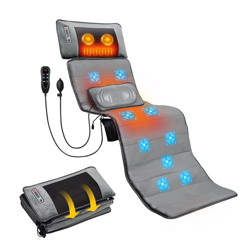 Colchón de Masaje Térmico, Cojín Masaje Shiatsu Masajeador de Cuello Espalda y Hombros con 10 Motores Vibrantes para Relajar Dolores Musculares, Dormirse