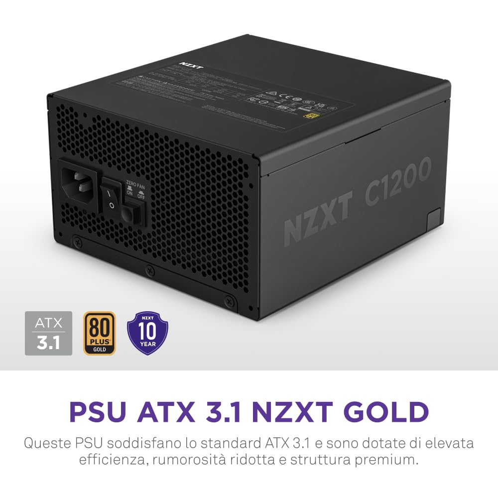 NZXT C1200 Gold ATX 3.1 - Alimentatore per PC da gaming completamente modulare a rumorosità ridotta - 1200 watt - 80 PLUS Gold - Connettore 12V-2x6 - Condensatori 100% giapponesi - Nero