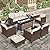 HERA'S HOUSE Outdoor Patio Furniture Set with 56" Fire Pit Table, 8 Pieces Comfortable Brown Wicker Conversation Set with Waterproof Cushions for Lawn Garden Deck Backyard, Beige