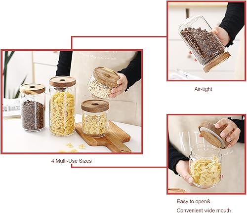 Miniatura 4 de Emica Home Contenedoresrecipientes de cocina de vidrio de borosilicato con tapa hermética de madera de acacia paquete de 4 tarros de almacenamiento