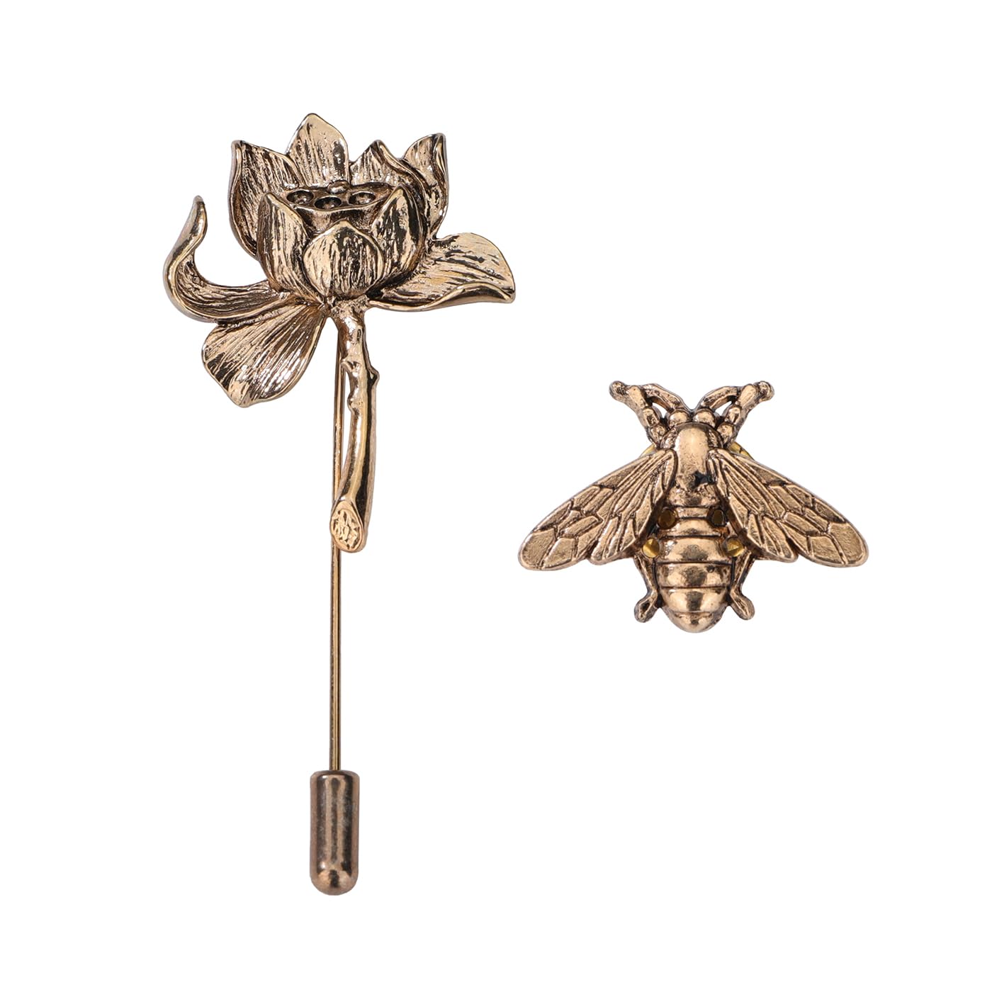Kercisbeauty 2PCS Unisex Silver Long Needle Pins Lapel Brooch Lotus and Bee Suit Brooch Pin Delicate Collar Pin Badge Party Accessories for Women Men Jewelry